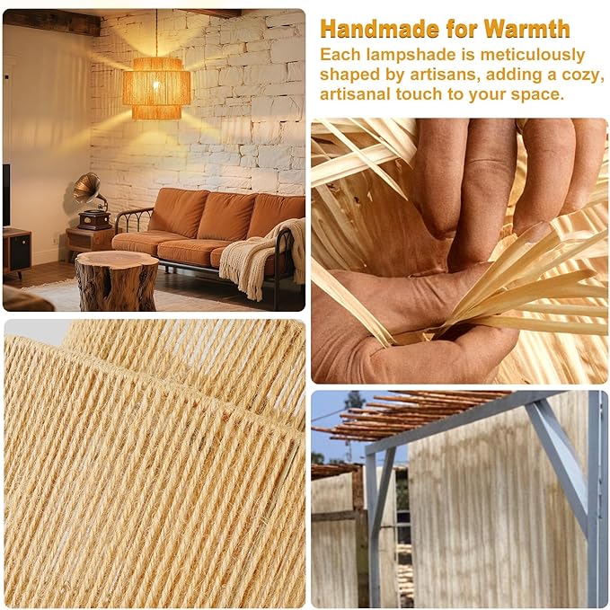 Boho Plug in Pendant Light Dimmable Switch, Wicker Hangings Lights with Plug in Cord 14.7ft Hemp Rope, Rattan Lampshade Hanging Pendant Light, Jute Hanging Lamp for Kitchen Dining Room Bedroom