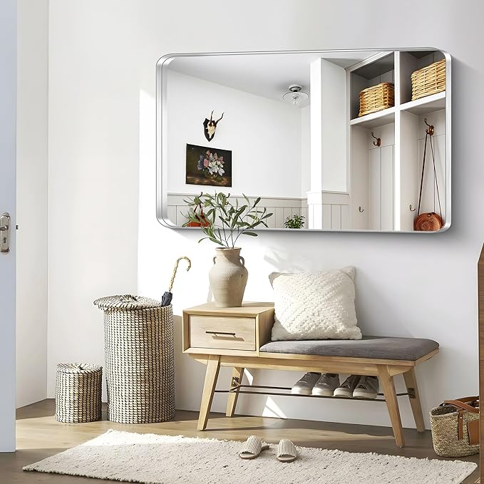 CIRCUMI Silver Bathroom Mirror, 36"x60" Rectangular Mirror with Deep Metal Frame, Rounded Corner, Tempered Glass, Large Mirror for Wall, Over 2 Sinks, Installed Vertically/Horizontally, Crystal-Clear