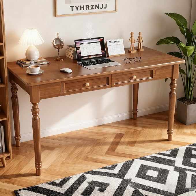French Country Desk, 47 Inch Walnut Writing Desk with Drawers, for bedrooms, Apartments, or Student Dormitories Easy Assembly SXC-D776