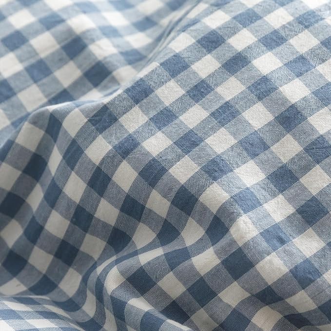 mixinni Blue White Gingham Ruffle Duvet Cover Queen Size 3 Pieces – 100% Washed Cotton, Vintage Plaid Ruffled Bedding Set with Zipper Ties, Soft Checkered Grid Farmhouse Chic Comforter Cover Set