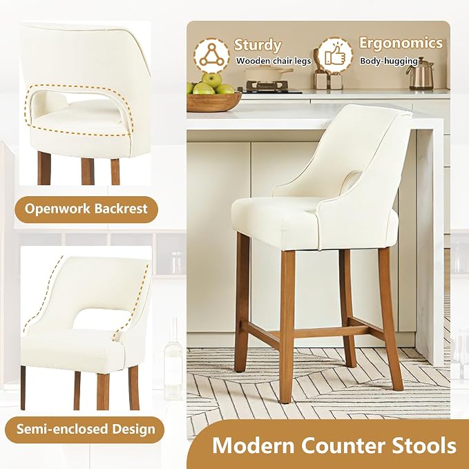 ClinQ Bar Stools Set of 6, 26" H Counter Height Bar Stools with Backs, Modern Upholstered Accent Barstools with H-Shaped Footrest for Kitchen Island, Dining Room and Bar, Beige-Walnut Legs
