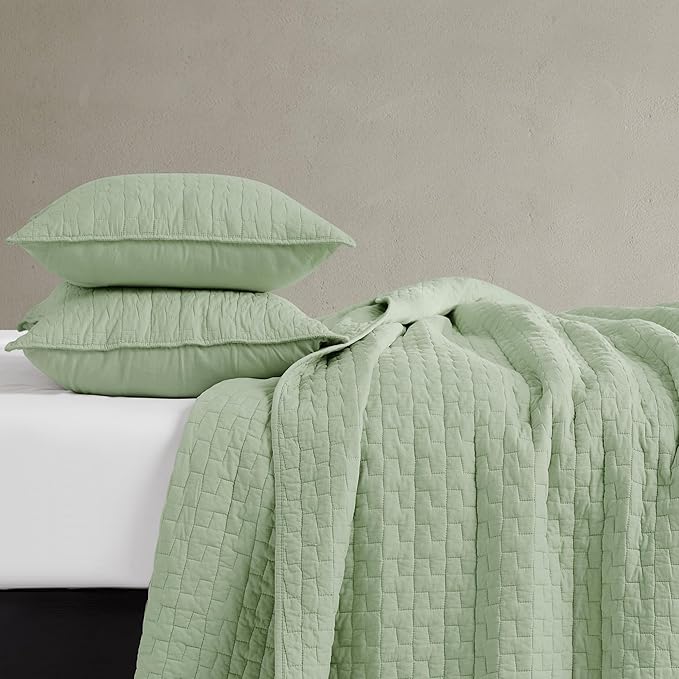 palassio Sage Green 100% Cotton Quilt Twin Size Bedding Sets with 1 Pillow Sham, Textured Lightweight Soft Bedspread Shabby Chic Coverlet, Quilted Thin Comforter Bed Cover for All Season, 2 Pieces