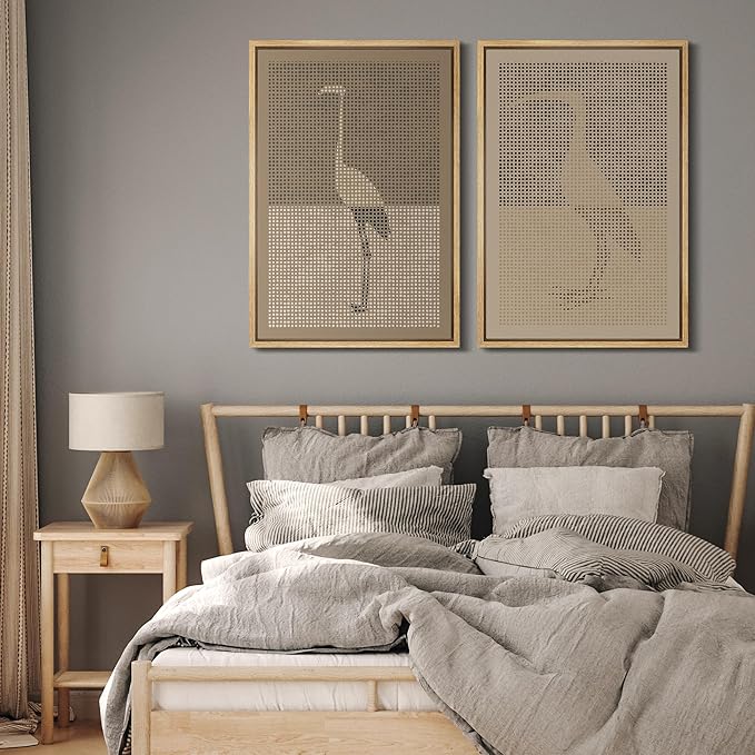 MUDECOR Framed Canvas Print Wall Art Bird Silhouette Modern Minimalist with Heron Crane Illustrations Modern Art Decorative Bohemian Colorful for Living Room, Bedroom, Office - 16"x24"x2 Natural