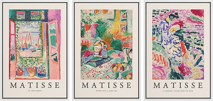 wall26 Framed Canvas Wall Art Print Set French Floral Rainbow Landscapes Henri Matisse Nature Plants Illustrations Modern Relax/Calm Multicolor for Living Room, Bedroom, Office - 16"x24"x3 White