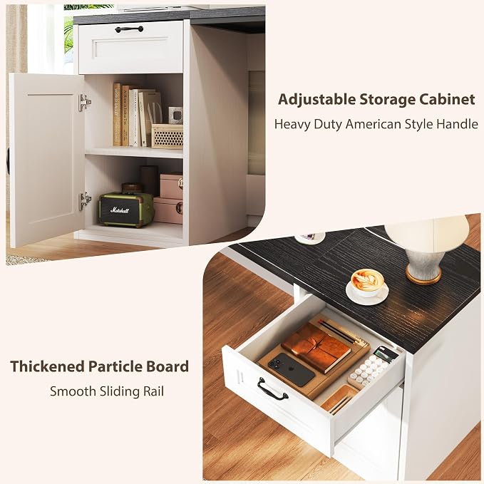 HUAHUU 78" Farmhouse L Shaped Executive Desk with Drawers, Modern Computer Desk with Power Outlets, Office Writing Desk with Monitor Stand & Storage Cabinet, Printer Shelf, Antique White