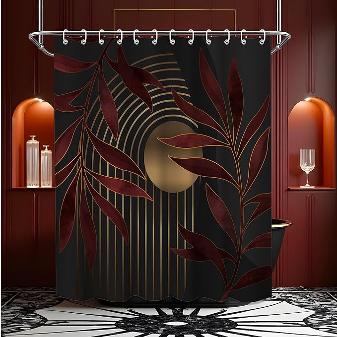 Boho Dark Red Shower Curtain, Mid Century Modern Gold Maroon Burgundy Shower Curtains for Bathroom, Waterproof Fabric Set with Hooks, 70x72 inches