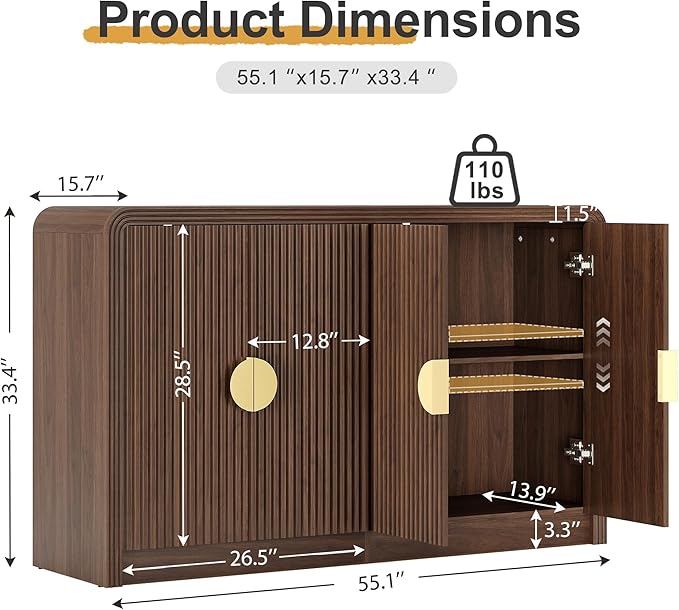 Decofy 55" Fluted Buffet Sideboard Cabinet, Modern Mid Century Console Cabinet with Adjustable Shelves & Wavy Grain Doors for Kitchen Cabinet Storage,Living Room,Entryway,Coffee Bar Cabinet (Walnut)