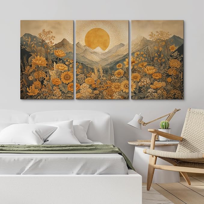 wall26 Canvas Print Wall Art Set Boho Sunflower Mountain Vintage Yellow Floral and LandscapeDecorative Minimal Relax/Zen for Living Room, Bedroom, Office - 16"x24" x 3