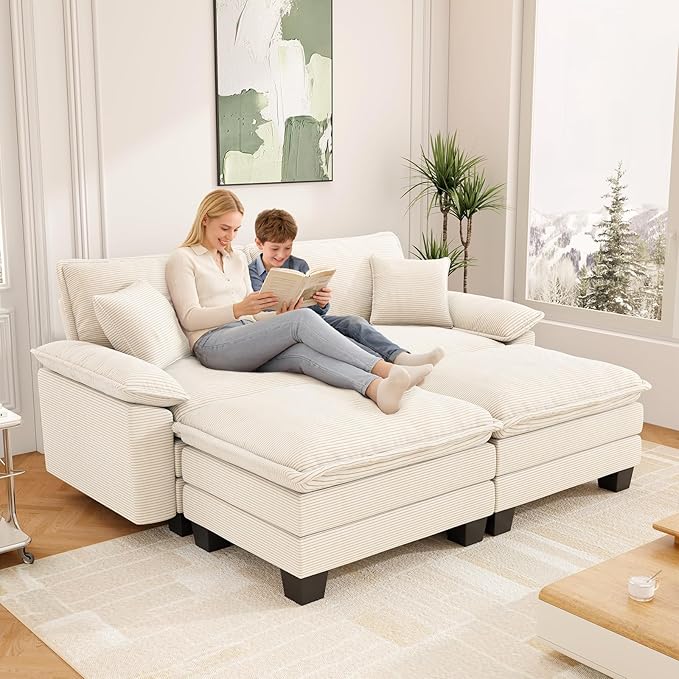 Modular Sectional Sofa Cloud Couch, Comfy Corduroy Loveseat with Ottoman Upholstered Deep Seat Sleeper Sofa Bed 2 Seater Couch Oversized Chaise Lounge Chair Indoor for Living Room Bedroom, Beige