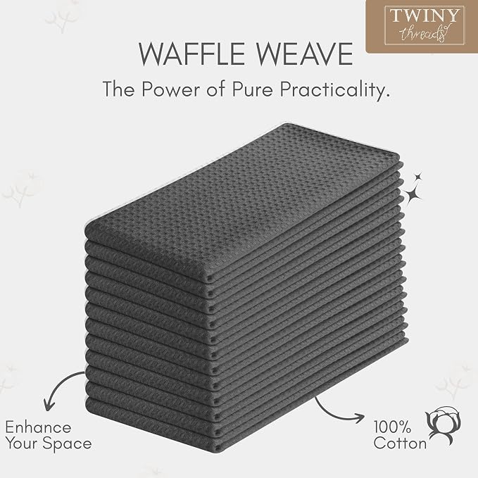 TWINY threads Kitchen Towels Set of 12, 100% Soft Cotton Waffle Weave Dish Towels, Tea Towels with Hanging Loop, Resuable Bar Towels for Table Cleaning, Dinning, Parties- 16"X 26" - Grey