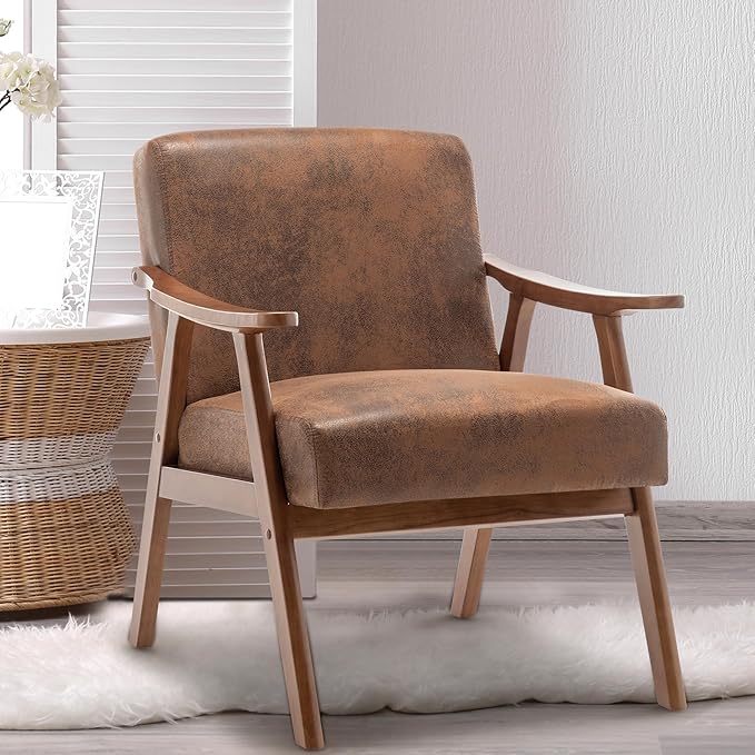 Furnimart Accent Chairs Set of 2, Mid-Century Modern Chair Reading Chairs with Extra-Thick Backrest, Wooden Armchairs for Living Room, Bedroom, Waiting Room, Brown Fabric