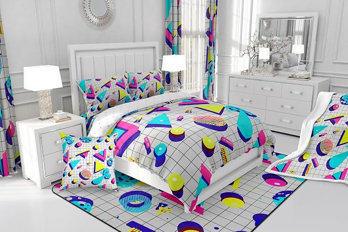 80s 90S Fashion Style Bedding Set Queen Size,Retro Memphis Style Pattern with Geometrical Shapes Duvet Cover for Kids Child,Funky Hipster Old Fashioned Comforter Cover Geometric Bedroom Decor