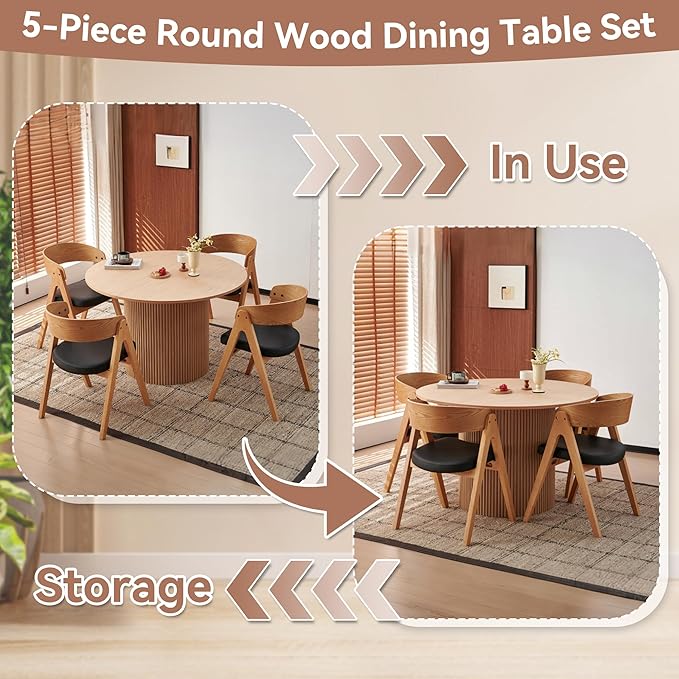 Howtek 47″ Round Dining Table Set for 4-6 People, 5 Piece Modern Kitchen Table with Natural Oak Wood Grain Finish & 4 PU Leather Upholstered Dining Chairs（Curved Backrest & Solid Wood Legs ）