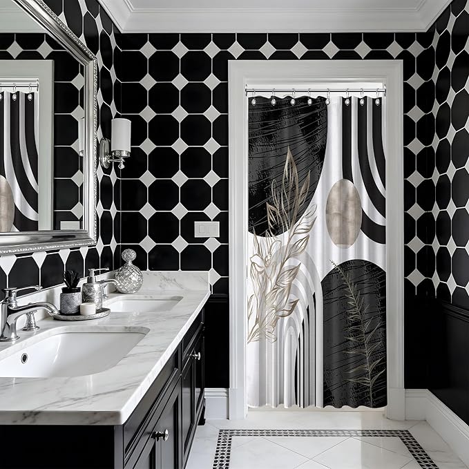 Mid Century Modern Black and White Shower Curtain Cool Charcoal Grey Silver Shower Curtains for Mens Bathroom Decor Sets, Abstract Boho Pattern, Waterproof Cloth Fabric with Hooks 48x72 in