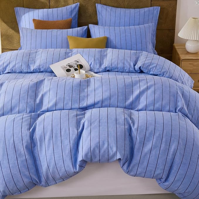 Merryword Blue Striped Duvet Cover Set King Size, 100% Cotton Denim Blue Bedding Set with Zipper Closure & 8 Corner Ties, Luxury Linen Like Bedding, Soft Breathable Comforter Cover for All Seasons