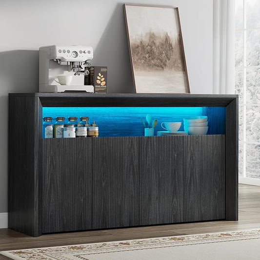 66.2" Buffet Cabinet with Storage and led Lights,Modern Sideboard Cabinet with 4 Doors & Shelves,Fluted Media Console Mid Century Coffee Bar Table for Living Room Kitchen Dining Room Hallway,Dark Grey
