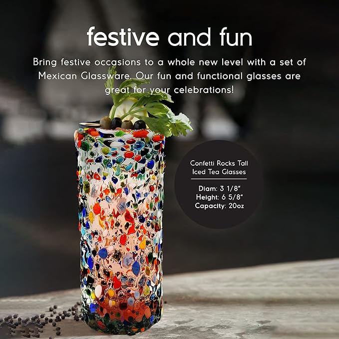 Confetti Rocks 20 oz Tall Iced Tea Glasses (set of 6) Mexican Handmade Multicolor Glassware, Recycled Glass, Lead-free, Toxin-Free (Tall Iced Tea)