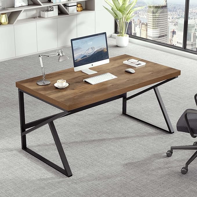 HSH Minimalist PC Desk, Industrial Home Office Desk, Sturdy Wood and Metal Desk, Rustic Vintage Oak 55 Inch Work Study Writing Desks Computer Table for Living Room Bedroom