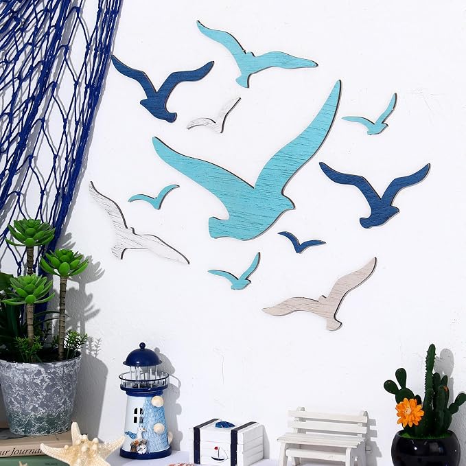 Zzbakress 11 Pcs Wooden Seagull Wall Decor Nautical Coastal Beach Wall Art Vintage Ornaments Unique Sea Birds Wall Sculpture for Home Bathroom Living Room Bedroom (Minimalist)