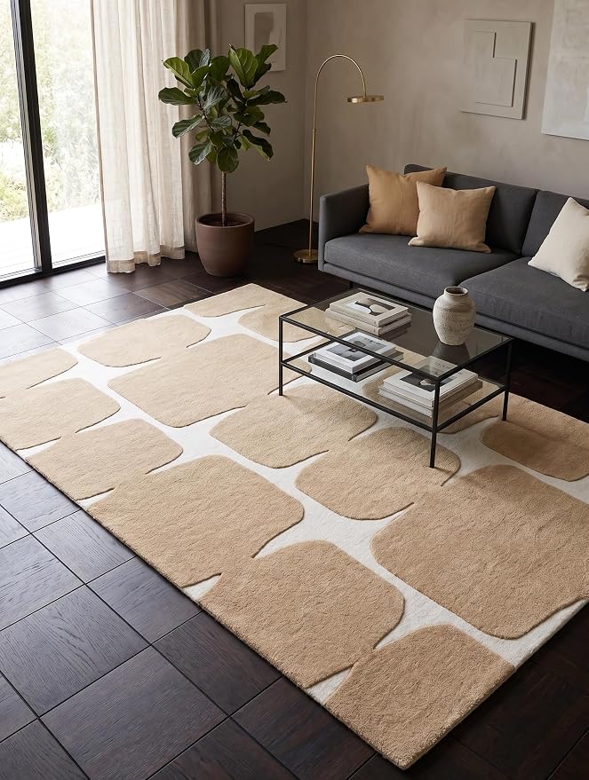 Restoration and Renovation Modern Wool Area Rug - Contemporary Abstract Geometric Design, Thick & Soft Hand-Tufted Carpet - Ideal for Indoor Decor in Living Room, Bedroom (Sand, 10' x 14')