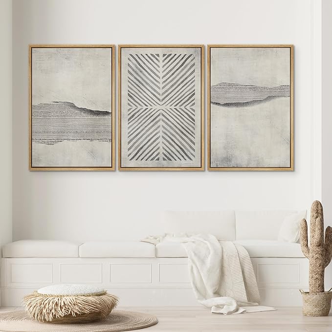 SIGNWIN Framed Canvas Print Wall Art Set Grunge Geometric Line Landscape Abstract Shapes Cozy Neutral Modern Art Decorative Boho Relax Nordic for Living Room, Bedroom, Office - 16"x24"x3 Natural