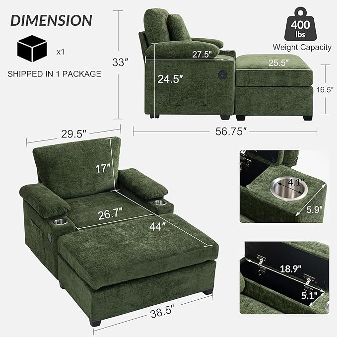 Oversized Chaise Lounge Chair with Ottoman and Cup Holders, Modern Sleeper Sofa with USB Charging Ports for Living Room and Bedroom, Convertible Small Sofa (Green)
