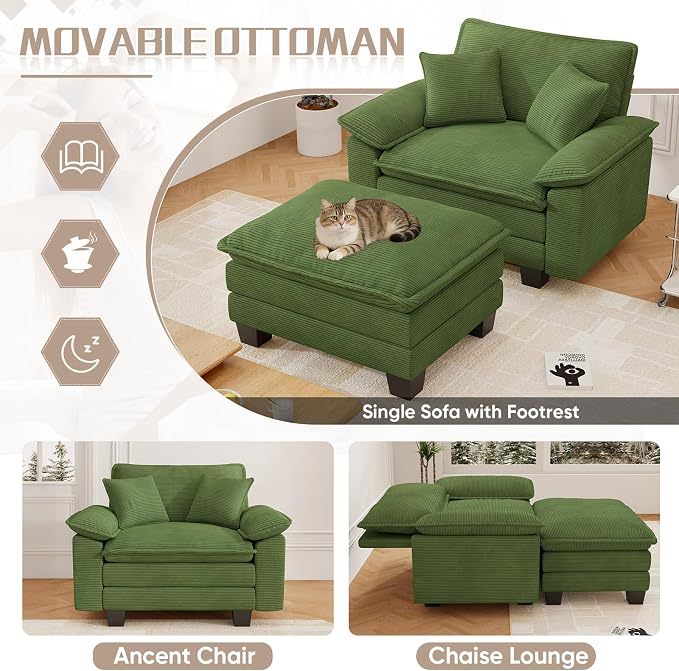 Chaise Lounge Chair Indoor, Oversized Accent Chairs with Ottoman, Luxury Corduroy Upholstered Deep Seat Sleeper Sofa Reading Chairs and A Half with Pillows for Living Room, Bedroom, Apartment, Green
