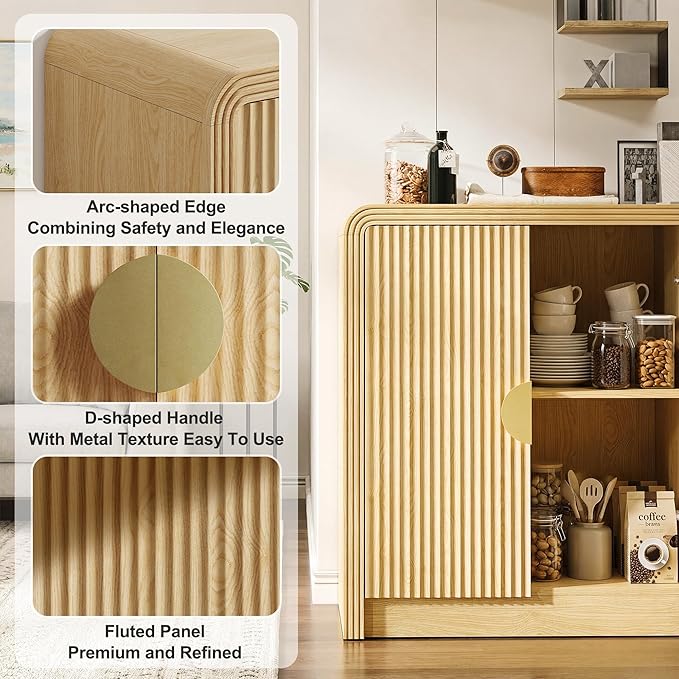 Decofy 55" Sideboard Buffet Cabinet, Mid Century Modern Console Cabinet with Wavy Grain Doors & Adjustable Shelves for Kitchen Buffet Cabinet, Living Room, Entryway, Coffee Bar Cabinet (Natural Oak)