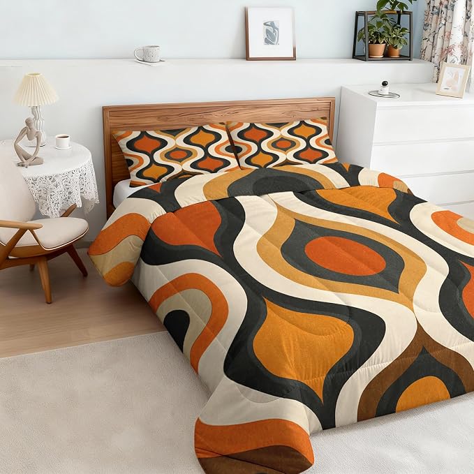 Retro Geometric Cal King Size Comforter Sets 3 Piece, Mid Century Modern Printed Pattern, Soft All Season Bed Comforter & 2 Pillow Sham, Vintage Groovy Bedroom Decor Reversible Bedding D-GM26
