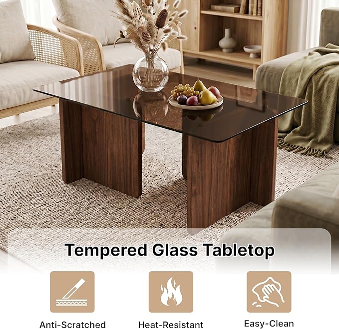 Modern Glass Coffee Table, 39.4 Inches Rectangular Center Tables for Living Room, Coffee Table with Wood Cross Base Easy Assembly Walnut