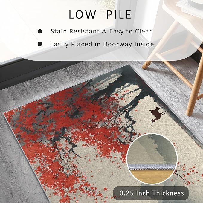 Asian Deer Runner Rug 2x5, Japanese Ink Design, Chinese Area Rug Washable Hallway Rugs Non-Slip Floor Carpet Runner for Bedroom, Narrow Hallway, Kitchen Aisle