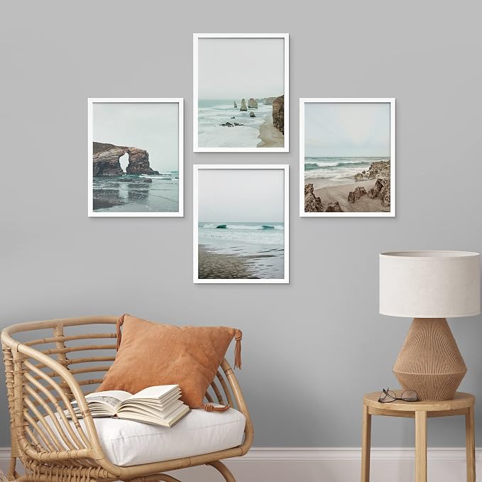 SIGNWIN Framed Rocky Storm Cloud Sky Beach Ocean Wall Art, Set of 4 Landscape Colorful Wall Decor Prints, Nature Wilderness Wall Décor for Living Room, Bedroom - 11"x14" White