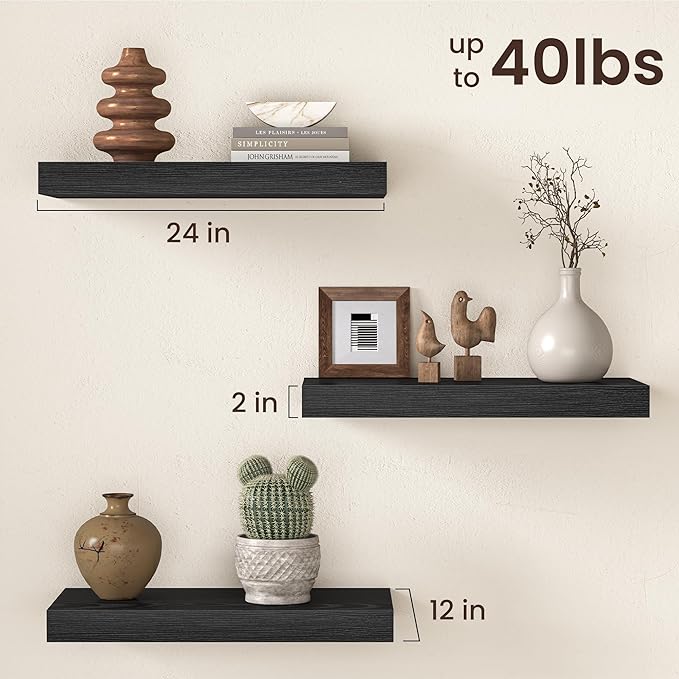 Fun Memories 12 Inch Deep Black Floating Shelf, 24 x 12 Rustic Wood Wall Shelf for Books, 2" Thick Deep Floating Shelf for Storage & Display in Kitchen, Living Room, Bedroom, 2 Packs