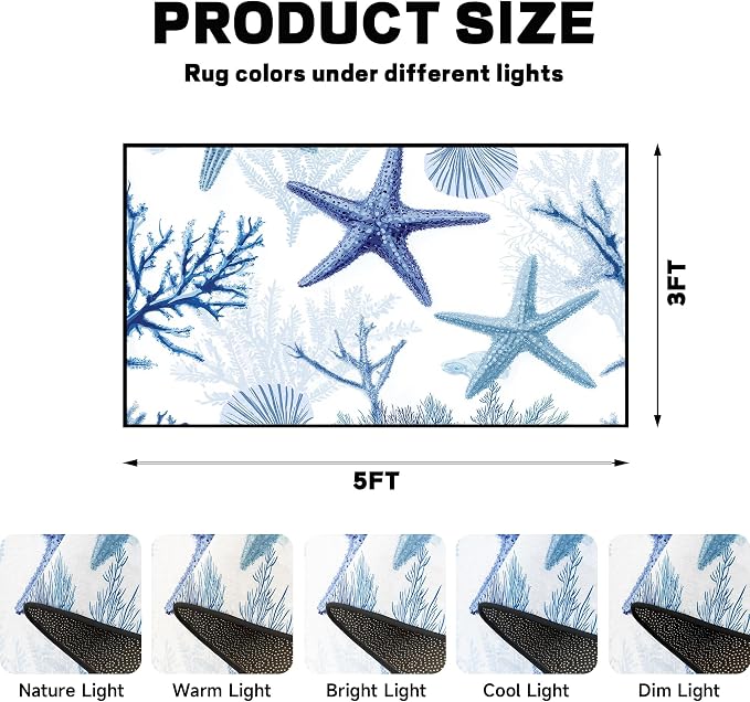 Coastal Starfish Rug 3'x5' Blue Ocean Area Rug Coral Seashell Floor Mat Washable Low Pile Carpet for Entryway Bedroom Living Room Kitchen Home Decor