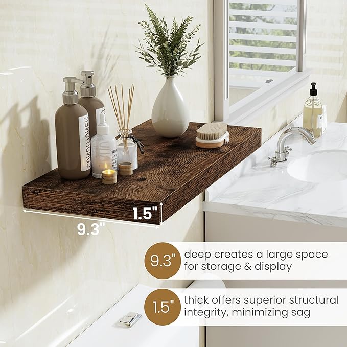 24"W x 9.3"D Floating Shelves for Wall, Wall Mounted Bathroom Shelves 2 Pack Deep Floating Shelf for Bedroom Kitchen Living Room, Rustic Wooden Wall Shelf with Invisible Bracket for Books Decor