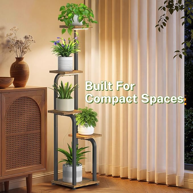 iDavosic.ly Tall Plant Stand Indoor with Grow Light, 4 Tier Corner Multiple Flower Holder Shelf with Wooden Trays, Space Saving Display Rack for Living Room Balcony Patio Porch | Black & Brown