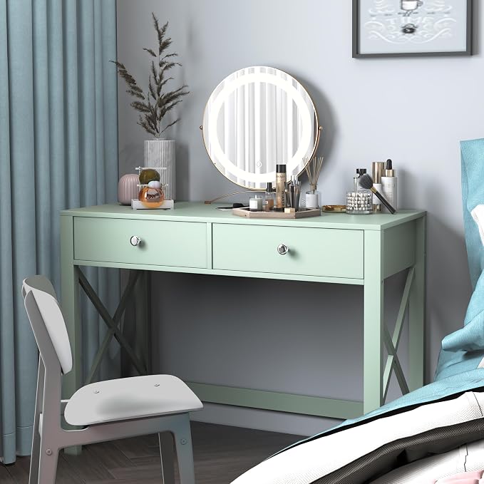 WiberWi Home Office Desk with Drawers, Modern Writing Computer Desk for Bedroom, Small Makeup Vanity Table Study Table for Home Office,Green