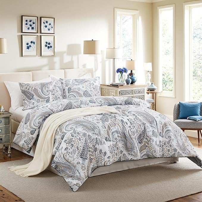 Paisley Duvet Cover Twin Size 100% Cotton Bedding Set Soft & Breathable 2 Pcs Luxury Duvet Cover Sets with Zipper Closure All Season