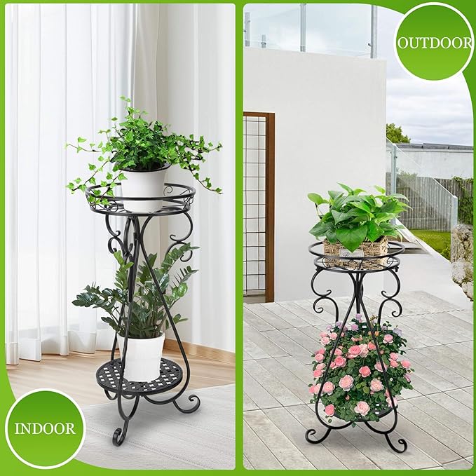 Metal Corner Plant Stand Indoor - 2 Tier Tall Potted Flower Pot Stand Outdoor Multiple Tiered Rustproof Iron Holder Heavy Duty Plant Rack Round Suport Shelf for Balcony Garden Patio Enterway