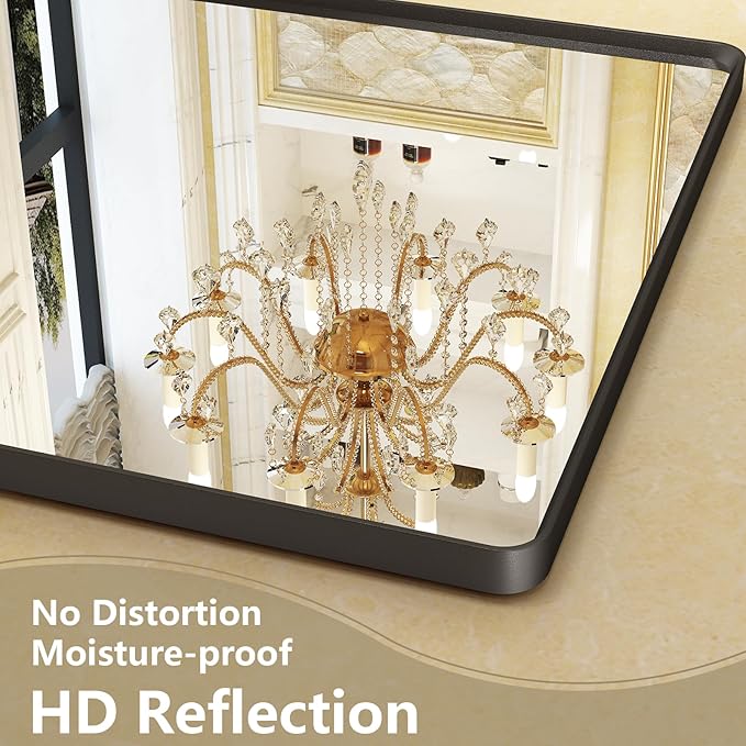 OKPAL Black Bathroom Mirror for Wall, 55X30 Inch Bathroom Vanity Mirror for Over 2 Sink, Metal Frame Rectangle Mirror, Rounded Corner, Anti-Rust, Shatterproof