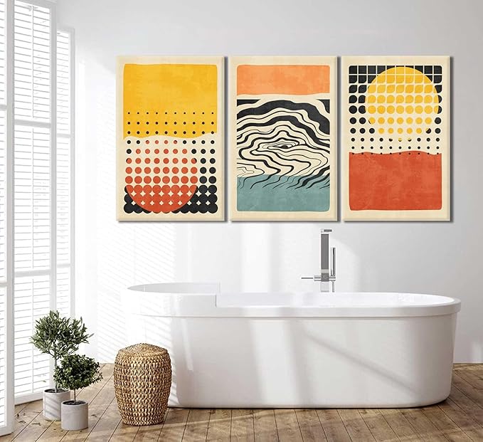 3Pcs Abstract Color Blocks Wall Art Mid Century Geometric Illustrations Posters Prints Boho Neutral Block Painting Pictures Colorful Minimalist Blocks Canvas for Room Office Wall Decor Framed