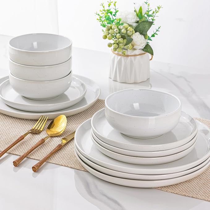 GBHOME 12-Piece Stoneware Dinnerware Set for 4 – Ribbed Ceramic Plates and Bowls, Scratch-Resistant, Microwave & Dishwasher Safe, Reactive Glaze
