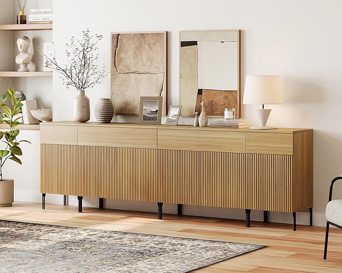 WAMPAT 94.5" Large Sideboard Buffet Cabinet with 4 Drawers & 5 Doors, 4-in-1 Fluted Storage Cabinet with Charging Station, Modern Buffet Table Coffee Bar Wine Bar Cabinet for Dining Room, Oak