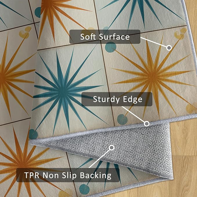 Starburst Rug Large 8x10 Mid Century Atomic Checkboard Distressed Pattern Area Rugs for Living Room, Bedroom, Starburst Home Decor Accessories Indoor Carpet, Non Slip & Machine Washable