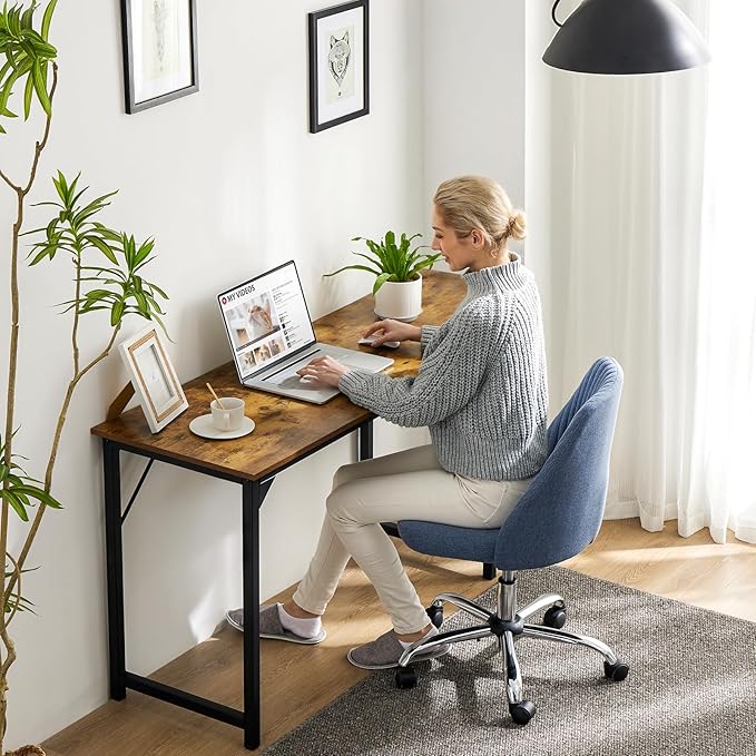 Sweetcrispy Computer Small Office Desk 47 Inch Student Study Writing Work with Metal Frame Wood Tabletop Modern Simple PC Home Bedroom Table, Rustic Brown