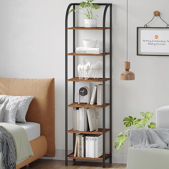 Hzuaneri Bookshelf Narrow Bookcase, Tall Storage Rack with Steel Frame, Display Standing Shelf Unit, Skinny Book Shelf for Study Living Room Home Office, Industrial Style, 6-Tier Rustic Brown BC56401B