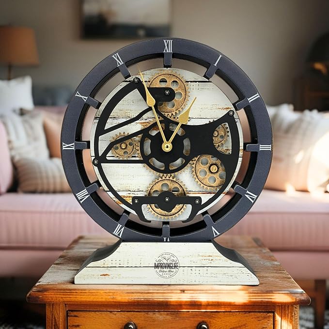 ImprovingLife The Gears Clock Desk Clock 10 inches with Real Moving Gears Convertible into Wall Clock (Desert Beige)