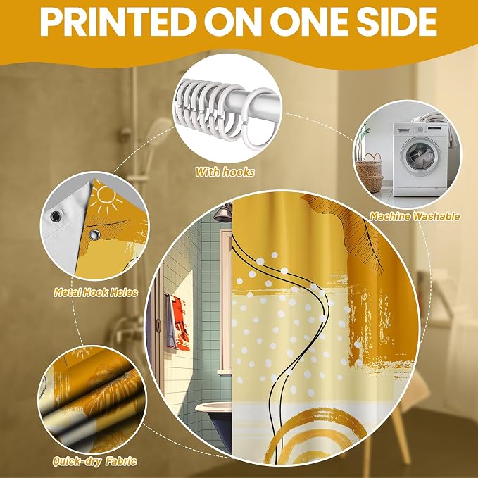 Extra Tall Shower Curtain XL Mustard Mid Century Modern, 70 x 96 in | for Extra Long 96 Inchs Shower, Yellow Abstract Pattern Design, Large Bathroom Decor Sets Waterproof Cloth Fabric, with Hooks