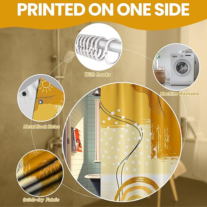 Small Stall Shower Curtain Rv Mustard Yellow Boho, 48 x 72 Inchs | for Camper Stand Up Shower, Modern Pattern Design, Narrow Bathroom Decor Sets Waterproof Cloth Fabric, with Hooks