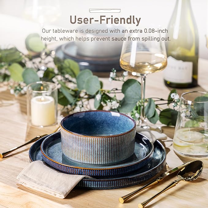 GBHOME 12-Piece Stoneware Dinnerware Set for 4 – Ribbed Ceramic Plates and Bowls, Scratch-Resistant, Microwave & Dishwasher Safe, Reactive Glaze, Ceylon Blue